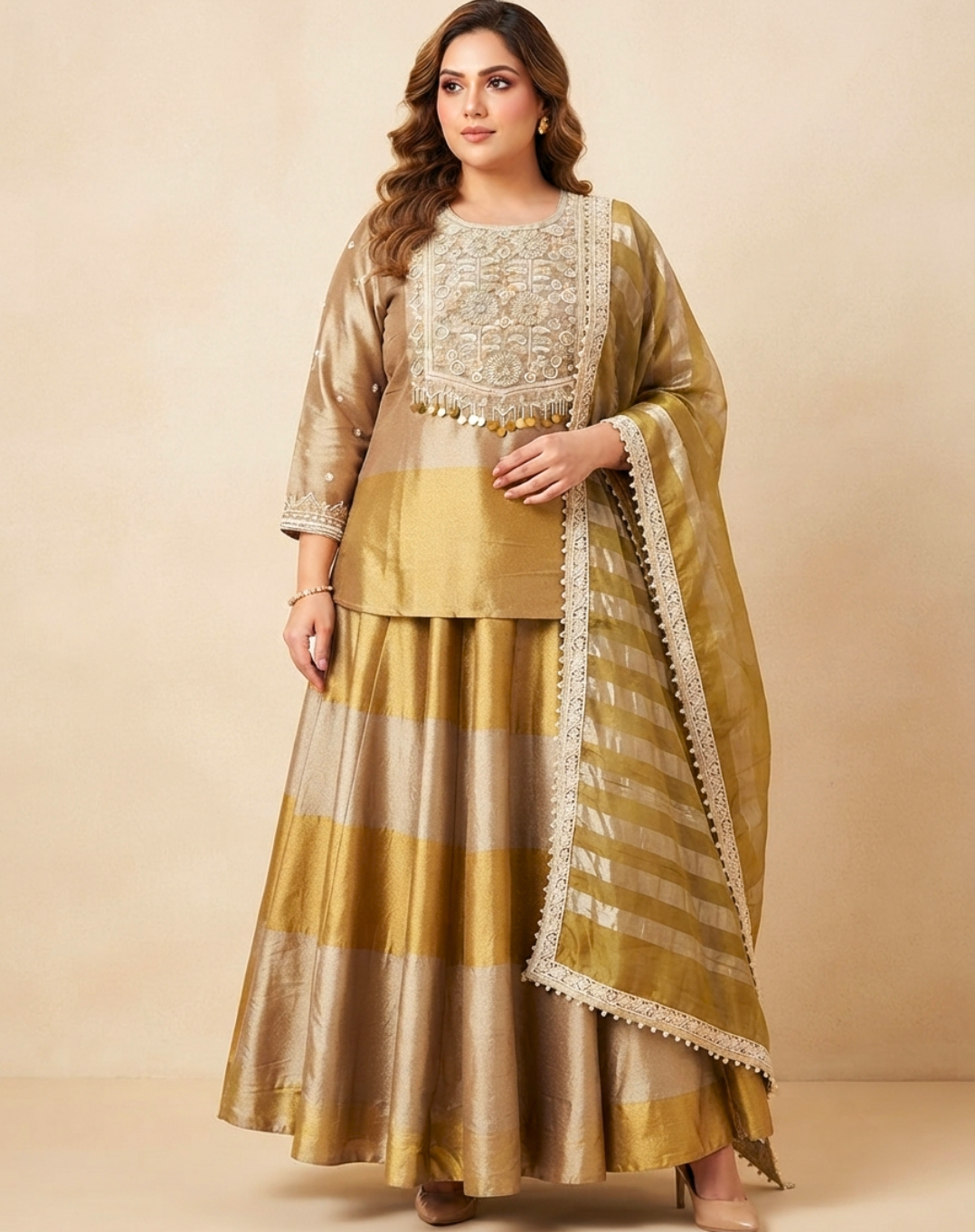 Champagne Gold Embroidered Tissue Suit Set