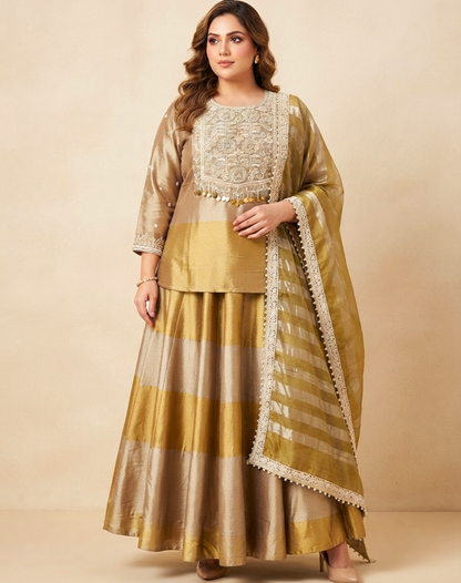 Champagne Gold Embroidered Tissue Suit Set