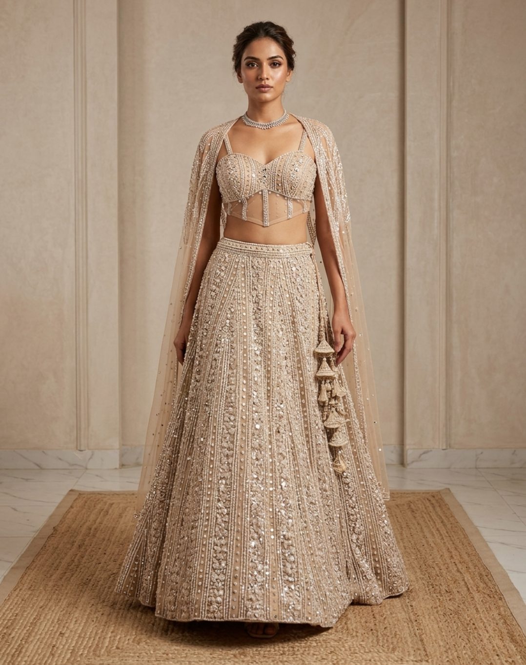 Champagne Dusk | Crystal-Embellished Kanjivaram Lehenga