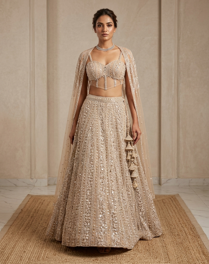 Champagne Dusk | Crystal-Embellished Kanjivaram Lehenga