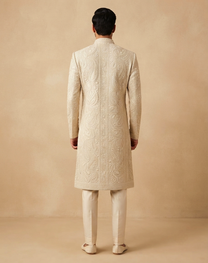 Ivory Resham & Cutdana Embroidered Sherwani