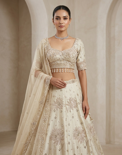 Petal Lumière | Cutdana, Mirror & Floral Embellished Lehenga