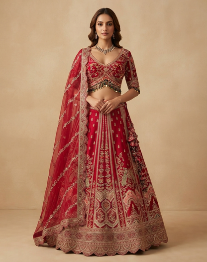 Crimson Zari Bloom Bridal Lehenga