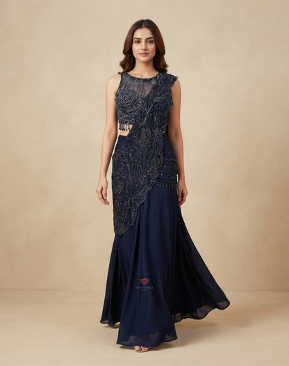 Midnight Allure | Beaded & Crystal Embellished Navy Blue Indo-Western Set