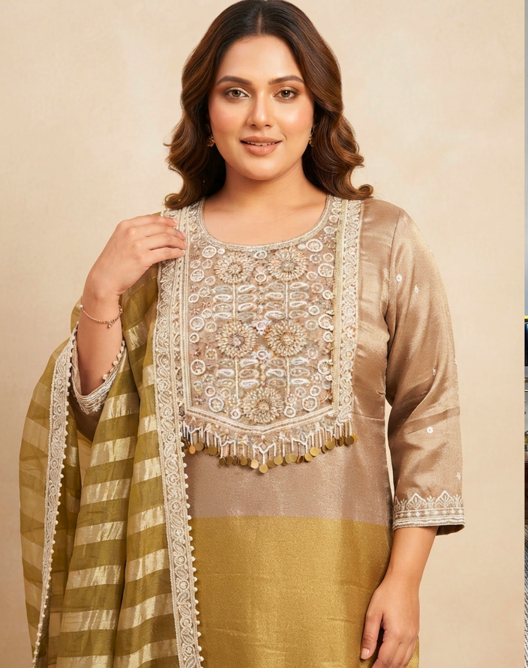 Champagne Gold Embroidered Tissue Suit Set