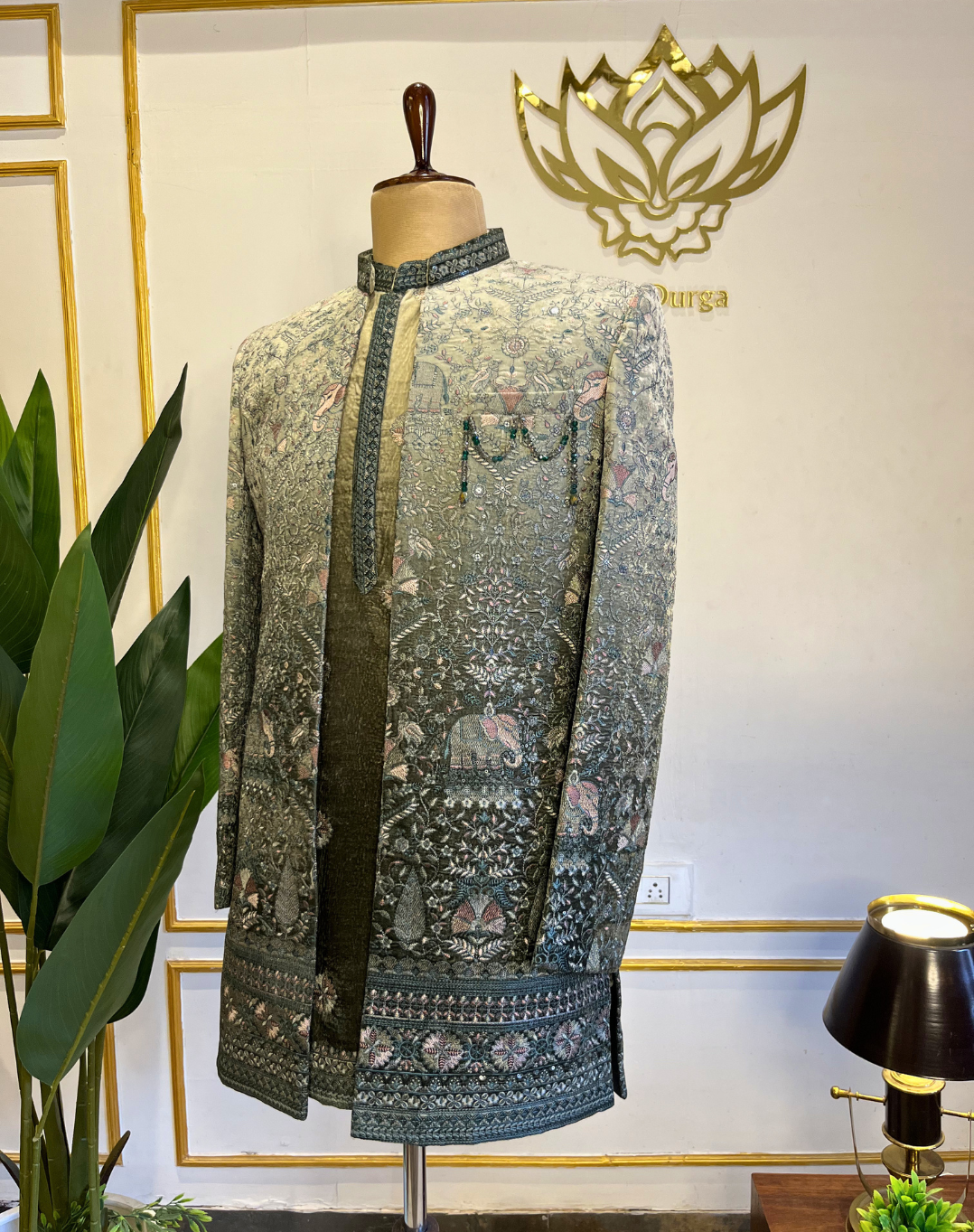 Royal Elephant Motif Velvet Indo-Western Set with Ombre Embroidery
