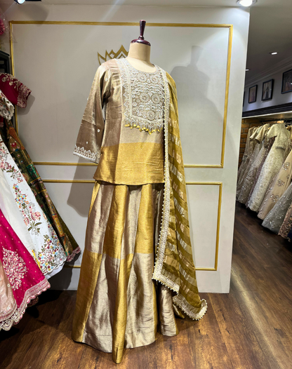 Champagne Gold Embroidered Tissue Suit Set
