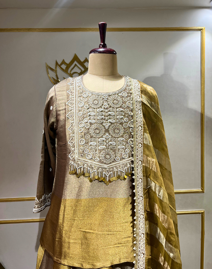 Champagne Gold Embroidered Tissue Suit Set