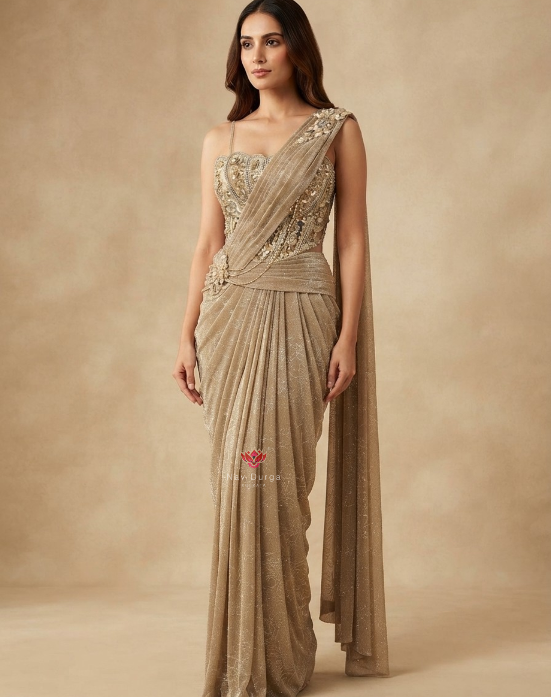 Champagne Reverie | Crystal & 3D Floral Draped Saree