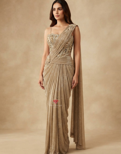 Champagne Reverie | Crystal & 3D Floral Draped Saree