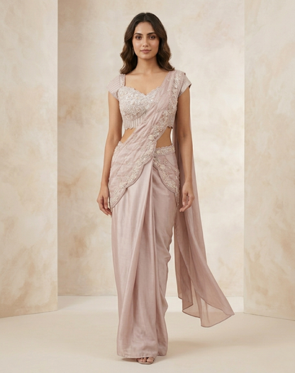Moonlit Mauve Draped Saree with Pearl-Embroidered Blouse