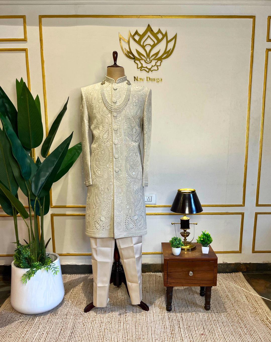 Ivory Resham & Cutdana Embroidered Sherwani