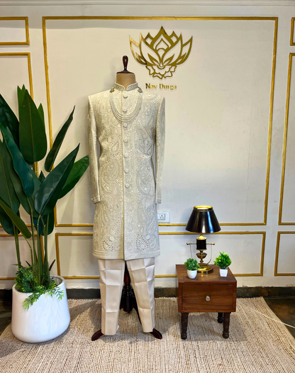 Ivory Resham & Cutdana Embroidered Sherwani