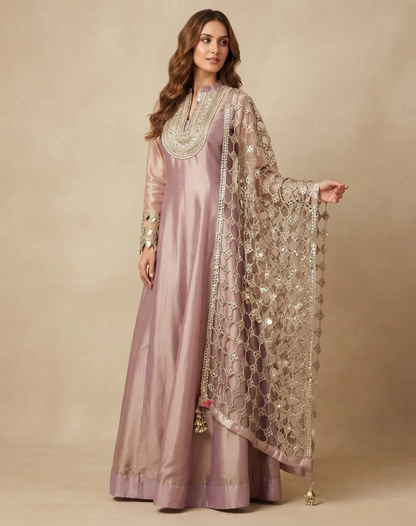 Moonlit Mauve | Zari, Sequin & Mirror Work Tissue Anarkali Suit