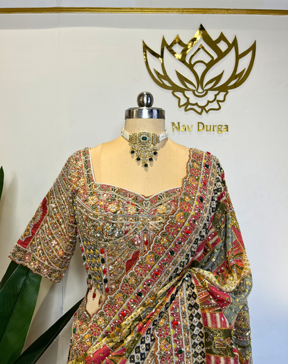 Handcrafted Dabka & Zardosi Tissue Saree with Heritage Art Print