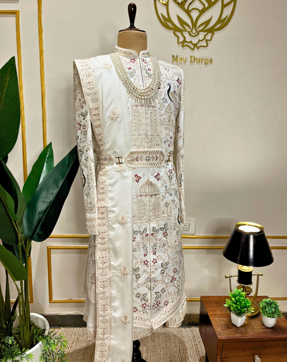 Ivory Heritage Hand-Embroidered Bamber Silk Sherwani Set