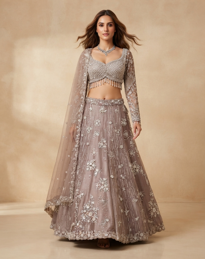 Rosé Veil | Zari & Cutdana Embroidered Lehenga