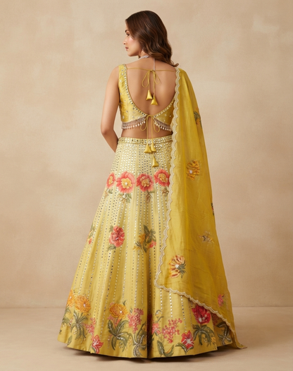 Marigold Bloom | Multicolour Mirror & Floral Embroidered Lehenga