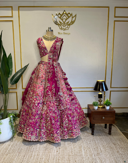 Royal Bloom | Hand-Embroidered Raw Silk Bridal Lehenga