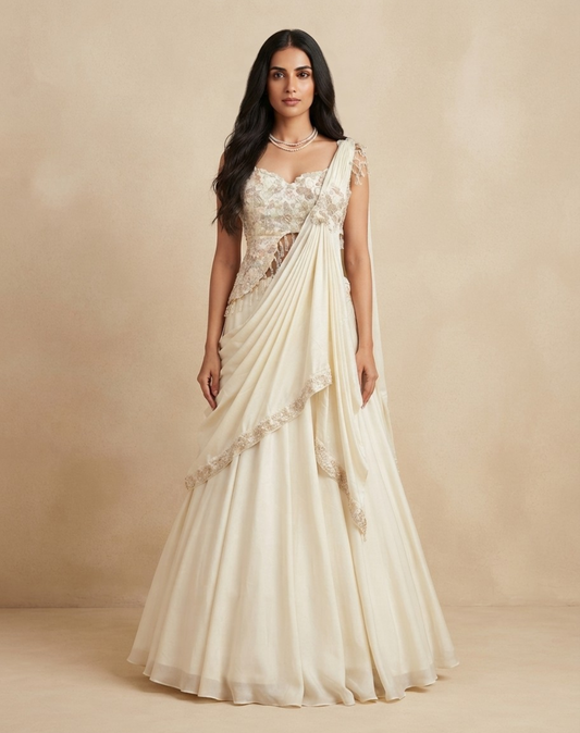 Ivory Embellished Draped Skirt & Blouse Set