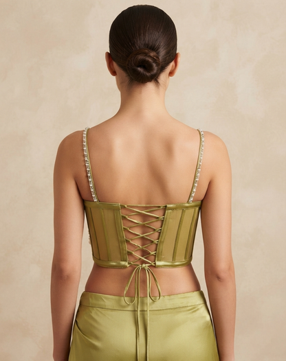 Pistachio Gold Draped Indo-Western Set with Embellished Corset Blouse