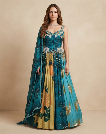 Teal Blue Printed Lehenga with Corset-Style Blouse