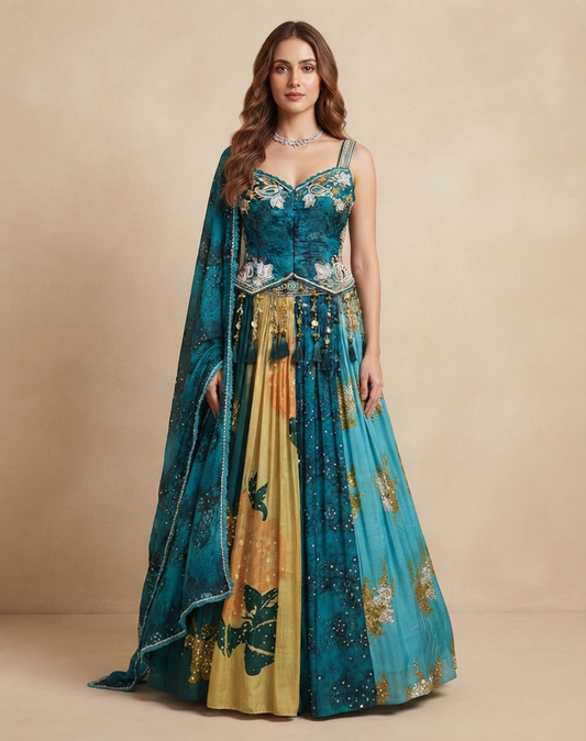 Teal Blue Printed Lehenga with Corset-Style Blouse
