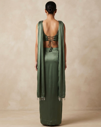 Olive Green Draped Indo-Western Set with Embellished Blouse
