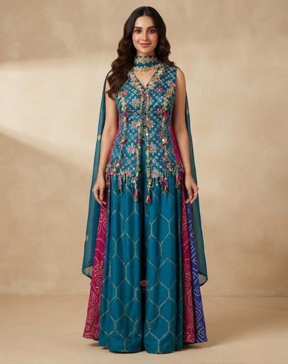 Rangrez Riwaayat | Zari & Mirror Work Printed Banarasi Indo-Western Set