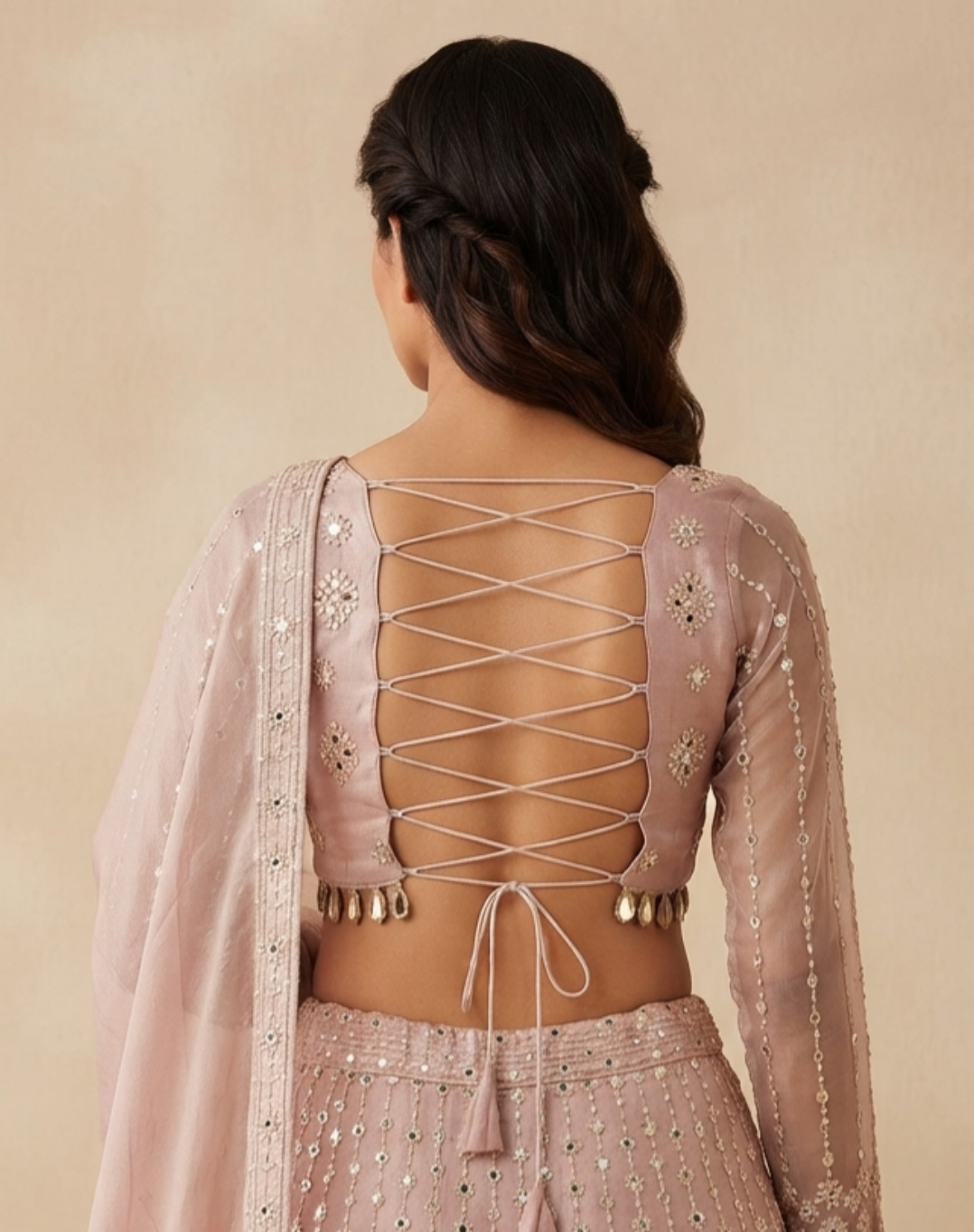 Sage Mist | Mirror & Cutdana Embellished Kanjivaram Lehenga
