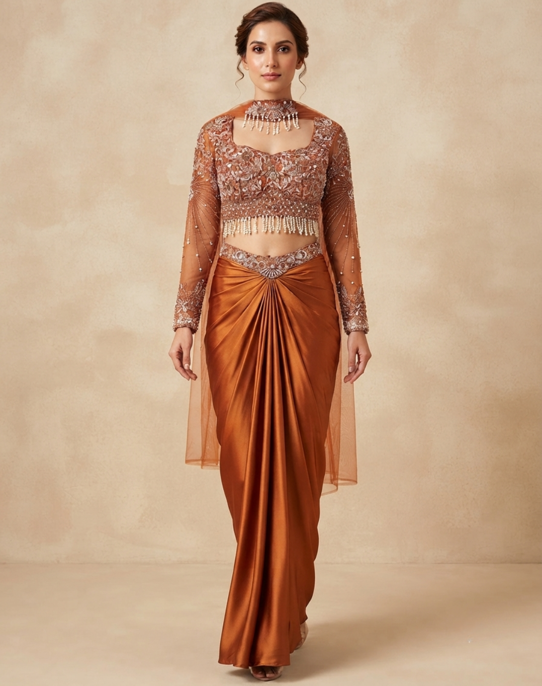 Burnt Copper Draped Skirt Set