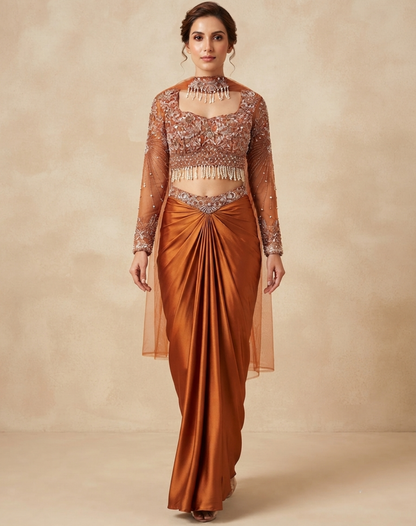 Burnt Copper Draped Skirt Set