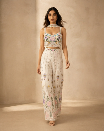 Ivory Floral Embellished Bamber Silk Jumpsuit