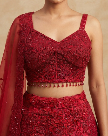 Crimson Bloom | Cutdana & Sequin Embellished Lehenga