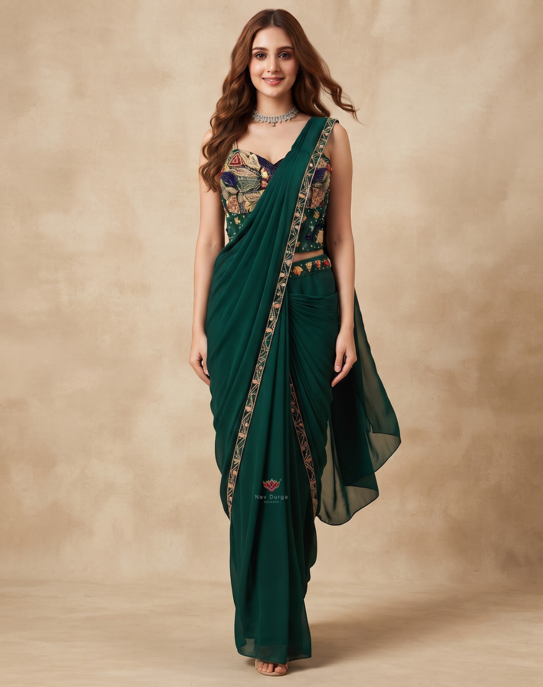 Emerald Muse | Pearl & Mirror Embellished Chinon Saree