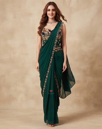 Emerald Muse | Pearl & Mirror Embellished Chinon Saree