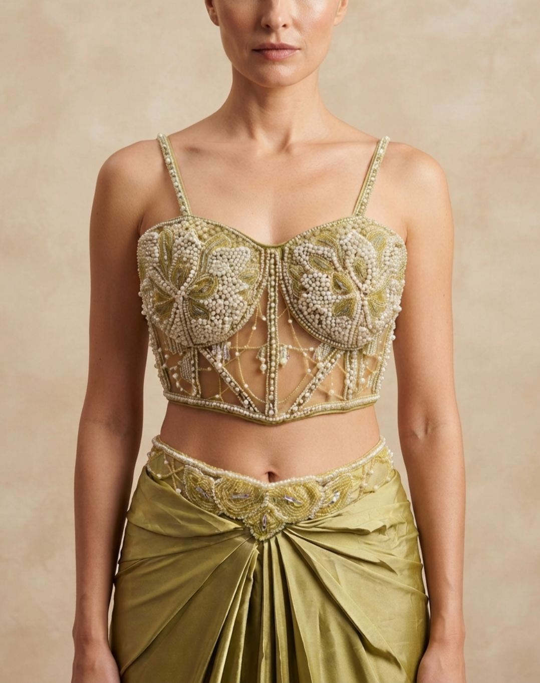 Pistachio Gold Draped Indo-Western Set with Embellished Corset Blouse