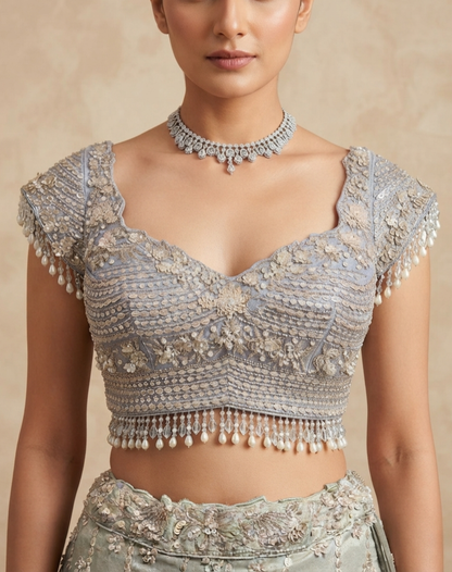 Frosted Bloom | Powder Blue Floral Embroidered Lehenga