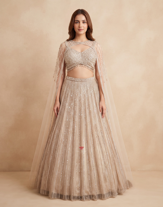 Crystal Reverie | Sequin & Bead Embellished Cape Lehenga