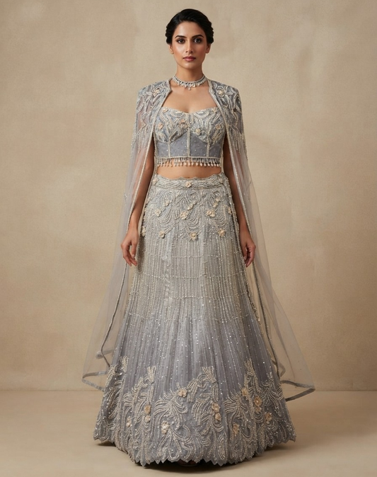 Icy Bloom | Pearl & Cutdana Embellished Kanjivaram Lehenga