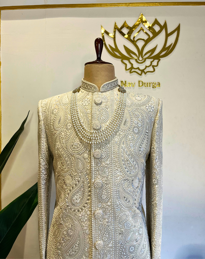 Ivory Resham & Cutdana Embroidered Sherwani