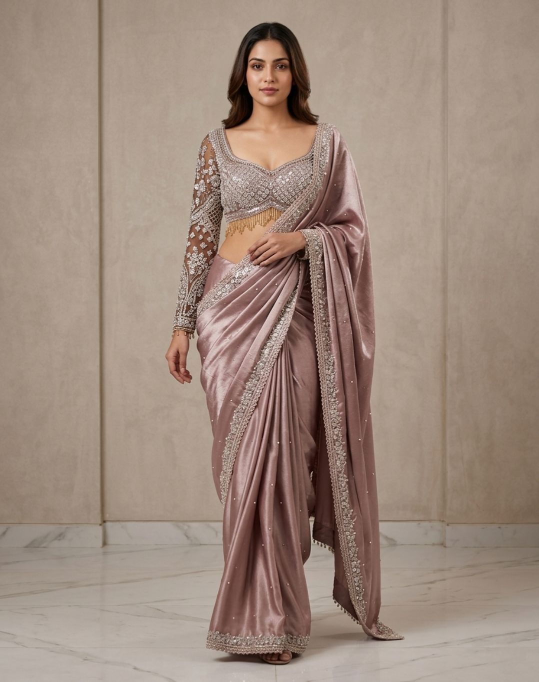Mauve Rose Cutdana Drape Saree