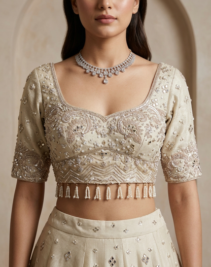 Petal Lumière | Cutdana, Mirror & Floral Embellished Lehenga