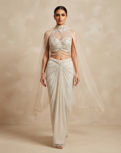 Pearl White Embellished Draped Skirt Set