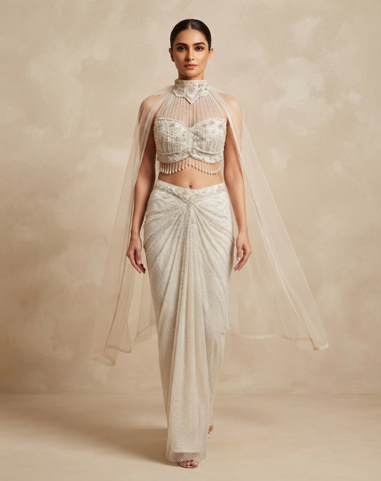 Pearl White Embellished Draped Skirt Set