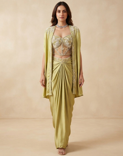 Pistachio Gold Draped Indo-Western Set with Embellished Corset Blouse