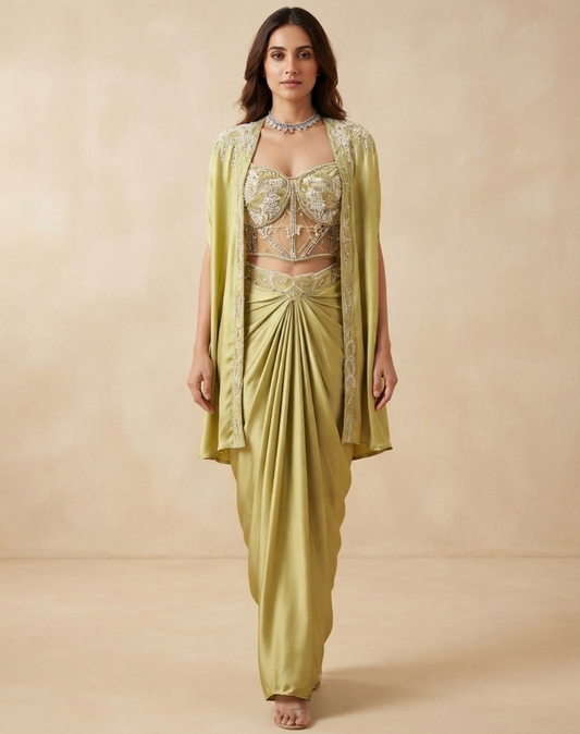 Pistachio Gold Draped Indo-Western Set with Embellished Corset Blouse