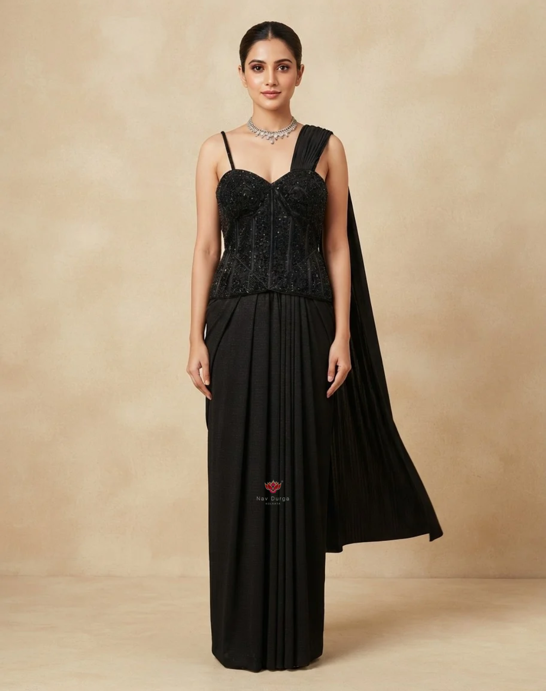 Midnight Muse | Cutdana & Sequin Embellished Draped Skirt Set