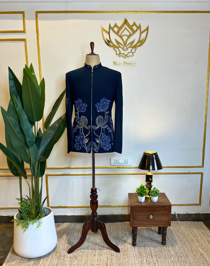 Midnight Bloom Embroidered Bandhgala Set