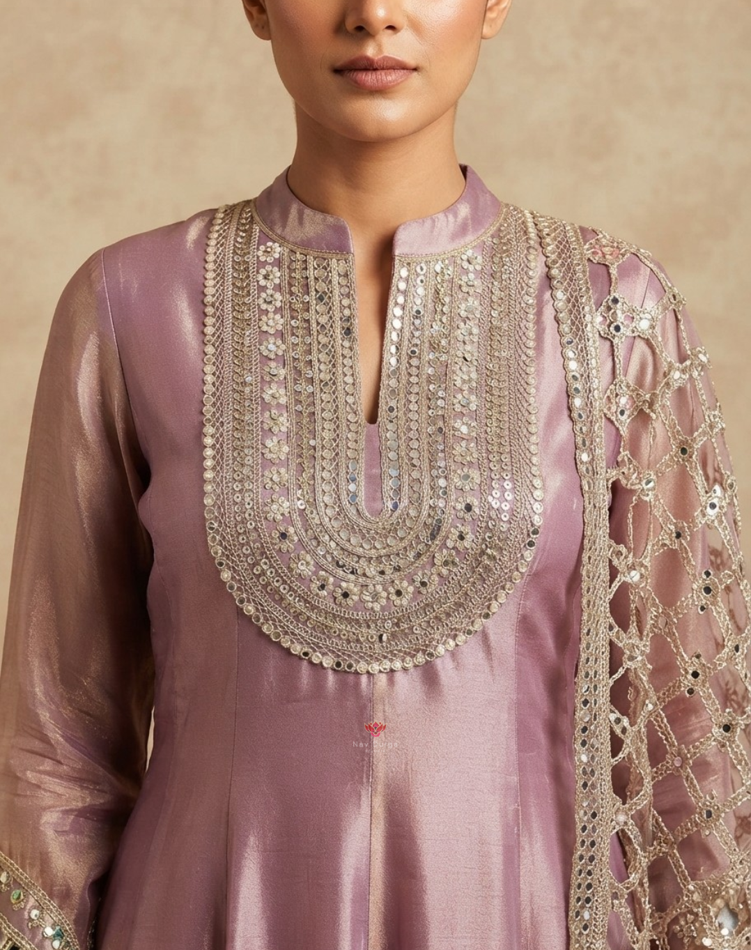 Moonlit Mauve | Zari, Sequin & Mirror Work Tissue Anarkali Suit